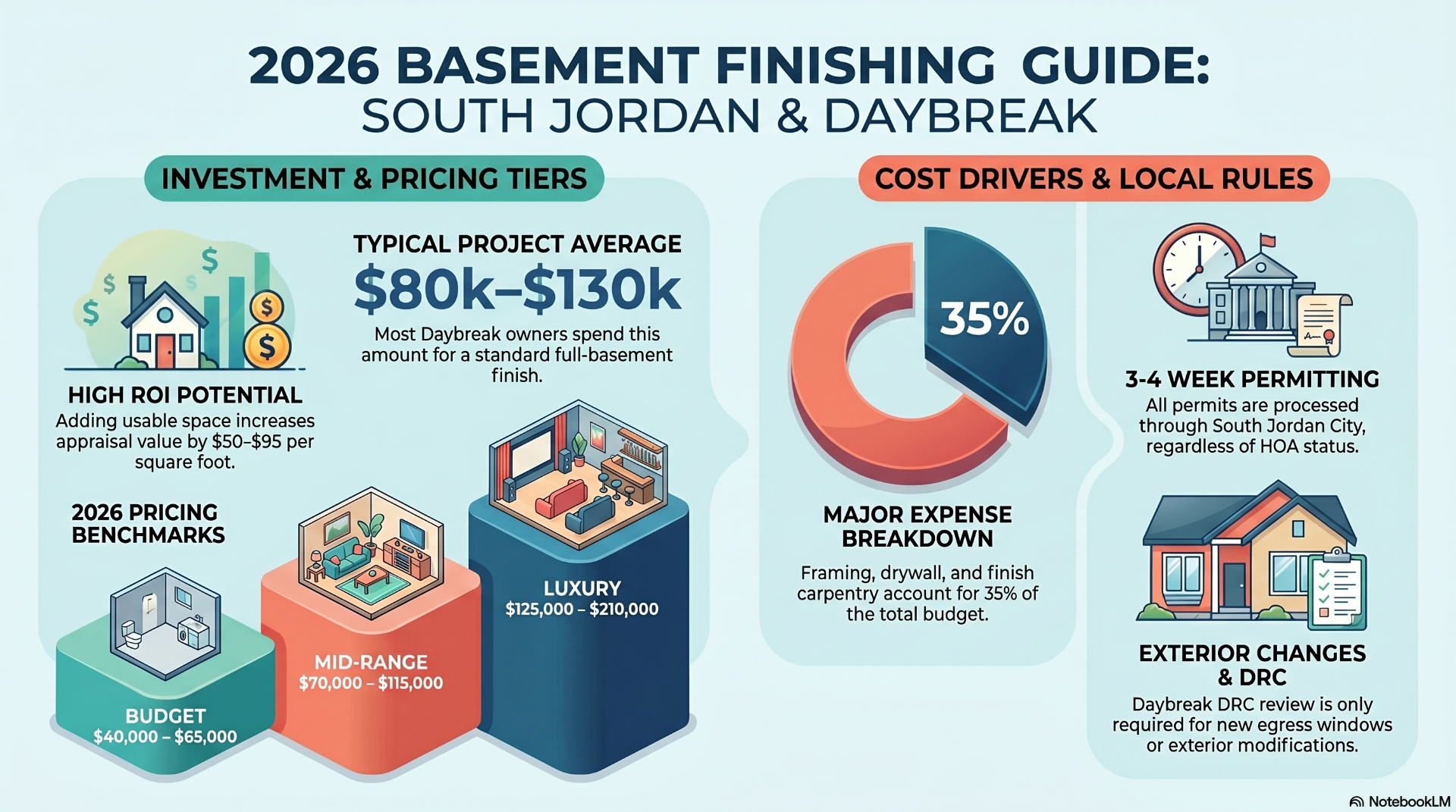 2026 Basement Finishing Guide: South Jordan & Daybreak — pricing tiers, cost drivers, and local rules